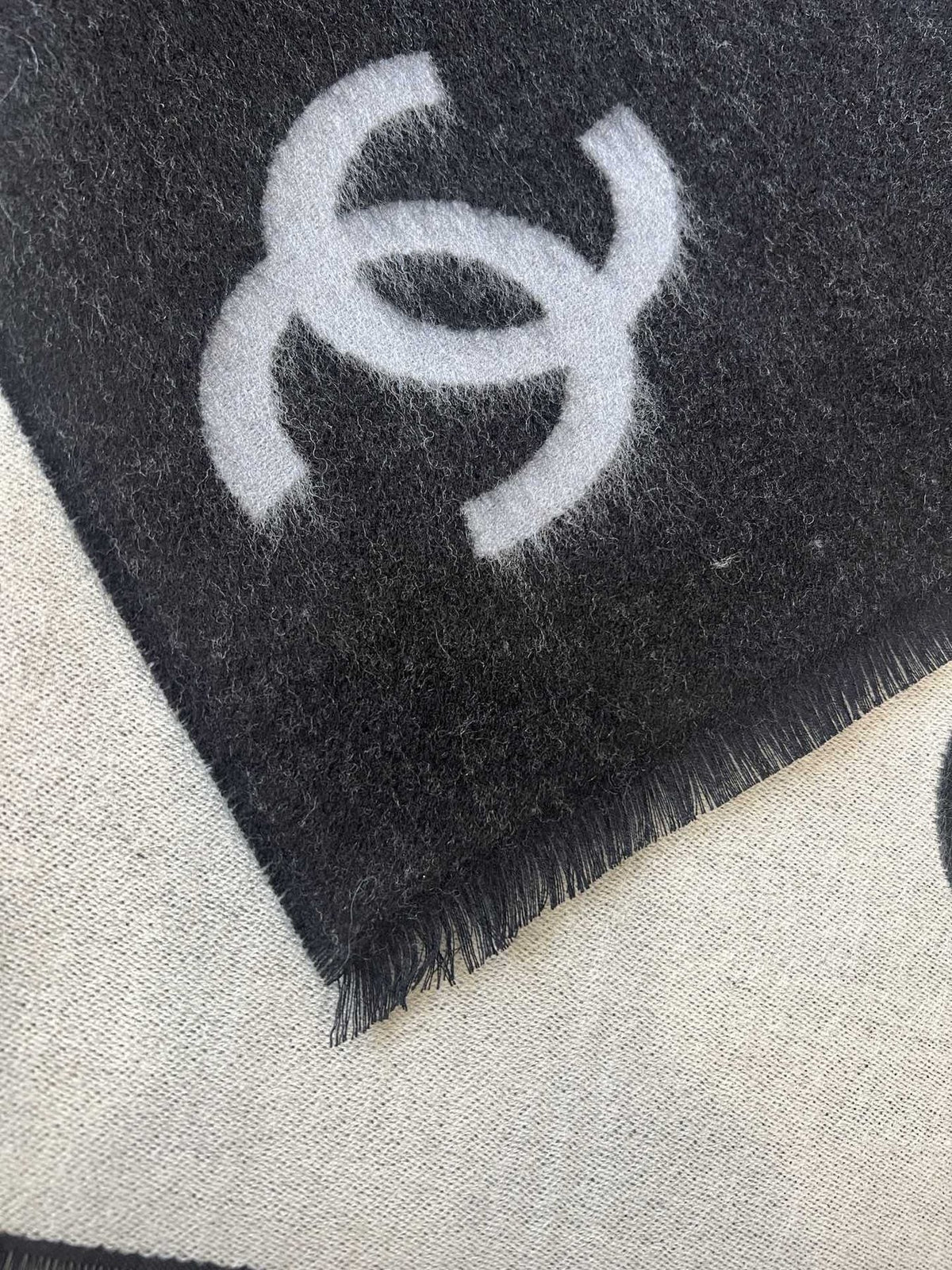 Chanel Reversible Black & Ivory Motif Shawl — detail