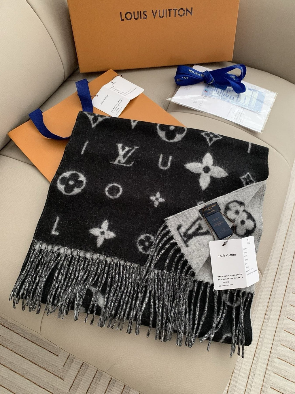 Louis Vuitton Reversible Monogram Fringe Scarf — front